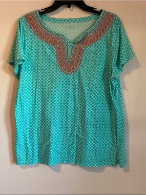 Kim Rogers Turquoise Geometric Short-Sleeve Tunic with Coral Embroidery